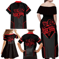 Bowling Team Family Matching Off Shoulder Maxi Dress and Hawaiian Shirt Red and Black Strike Graphic and Custom Name Section - Wonder Print Shop