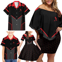 Bowling Team Family Matching Off Shoulder Short Dress and Hawaiian Shirt Red and Black Strike Graphic and Custom Name Section - Wonder Print Shop