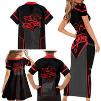 Bowling Team Family Matching Short Sleeve Bodycon Dress and Hawaiian Shirt Red and Black Strike Graphic and Custom Name Section - Wonder Print Shop