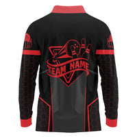 Bowling Team Long Sleeve Polo Shirt Red and Black Strike Graphic and Custom Name Section - Wonder Print Shop