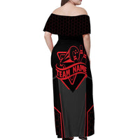 Bowling Team Off Shoulder Maxi Dress Red and Black Strike Graphic and Custom Name Section - Wonder Print Shop