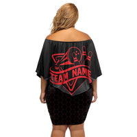 Bowling Team Off Shoulder Short Dress Red and Black Strike Graphic and Custom Name Section - Wonder Print Shop