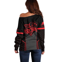 Bowling Team Off Shoulder Sweater Red and Black Strike Graphic and Custom Name Section - Wonder Print Shop