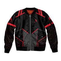 Bowling Team Sleeve Zip Bomber Jacket Red and Black Strike Graphic and Custom Name Section - Wonder Print Shop