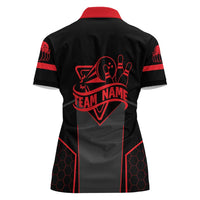 Bowling Team Women Polo Shirt Red and Black Strike Graphic and Custom Name Section - Wonder Print Shop