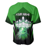 Bowling Team Design Baseball Jersey Green Strike Graphic and Custom Name Shield Accent - Wonder Print Shop