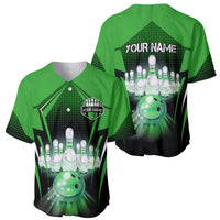Bowling Team Design Baseball Jersey Green Strike Graphic and Custom Name Shield Accent - Wonder Print Shop