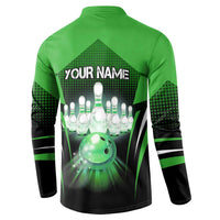 Bowling Team Design Button Sweatshirt Green Strike Graphic and Custom Name Shield Accent - Wonder Print Shop