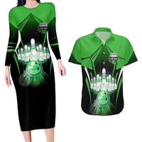 Bowling Team Design Couples Matching Long Sleeve Bodycon Dress and Hawaiian Shirt Green Strike Graphic and Custom Name Shield Accent - Wonder Print Shop