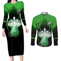 Bowling Team Design Couples Matching Long Sleeve Bodycon Dress and Long Sleeve Button Shirt Green Strike Graphic and Custom Name Shield Accent - Wonder Print Shop