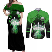 Bowling Team Design Couples Matching Off Shoulder Maxi Dress and Long Sleeve Button Shirt Green Strike Graphic and Custom Name Shield Accent - Wonder Print Shop