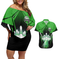 Bowling Team Design Couples Matching Off Shoulder Short Dress and Hawaiian Shirt Green Strike Graphic and Custom Name Shield Accent - Wonder Print Shop