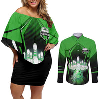 Bowling Team Design Couples Matching Off Shoulder Short Dress and Long Sleeve Button Shirt Green Strike Graphic and Custom Name Shield Accent - Wonder Print Shop