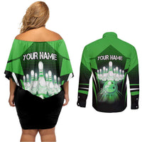 Bowling Team Design Couples Matching Off Shoulder Short Dress and Long Sleeve Button Shirt Green Strike Graphic and Custom Name Shield Accent - Wonder Print Shop