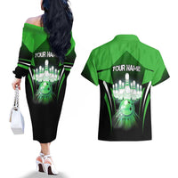 Bowling Team Design Couples Matching Off The Shoulder Long Sleeve Dress and Hawaiian Shirt Green Strike Graphic and Custom Name Shield Accent - Wonder Print Shop