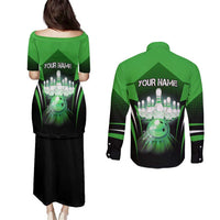 Bowling Team Design Couples Matching Puletasi and Long Sleeve Button Shirt Green Strike Graphic and Custom Name Shield Accent - Wonder Print Shop
