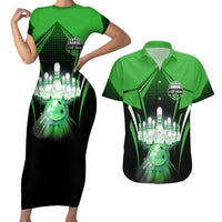 Bowling Team Design Couples Matching Short Sleeve Bodycon Dress and Hawaiian Shirt Green Strike Graphic and Custom Name Shield Accent - Wonder Print Shop