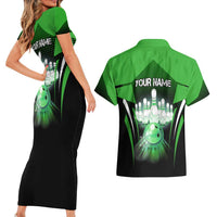 Bowling Team Design Couples Matching Short Sleeve Bodycon Dress and Hawaiian Shirt Green Strike Graphic and Custom Name Shield Accent - Wonder Print Shop