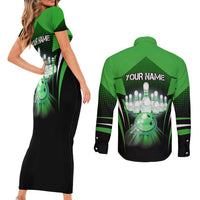 Bowling Team Design Couples Matching Short Sleeve Bodycon Dress and Long Sleeve Button Shirt Green Strike Graphic and Custom Name Shield Accent - Wonder Print Shop