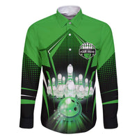 Bowling Team Design Family Matching Long Sleeve Bodycon Dress and Hawaiian Shirt Green Strike Graphic and Custom Name Shield Accent - Wonder Print Shop
