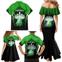 Bowling Team Design Family Matching Mermaid Dress and Hawaiian Shirt Green Strike Graphic and Custom Name Shield Accent - Wonder Print Shop