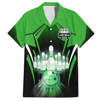 Bowling Team Design Family Matching Off The Shoulder Long Sleeve Dress and Hawaiian Shirt Green Strike Graphic and Custom Name Shield Accent - Wonder Print Shop