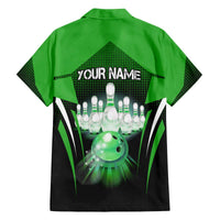 Bowling Team Design Family Matching Off The Shoulder Long Sleeve Dress and Hawaiian Shirt Green Strike Graphic and Custom Name Shield Accent - Wonder Print Shop