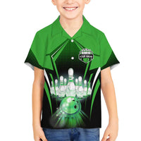 Bowling Team Design Family Matching Off Shoulder Maxi Dress and Hawaiian Shirt Green Strike Graphic and Custom Name Shield Accent - Wonder Print Shop