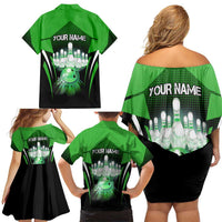 Bowling Team Design Family Matching Off Shoulder Short Dress and Hawaiian Shirt Green Strike Graphic and Custom Name Shield Accent - Wonder Print Shop