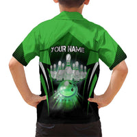 Bowling Team Design Family Matching Short Sleeve Bodycon Dress and Hawaiian Shirt Green Strike Graphic and Custom Name Shield Accent - Wonder Print Shop