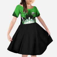 Bowling Team Design Family Matching Short Sleeve Bodycon Dress and Hawaiian Shirt Green Strike Graphic and Custom Name Shield Accent - Wonder Print Shop