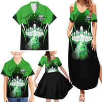 Bowling Team Design Family Matching Summer Maxi Dress and Hawaiian Shirt Green Strike Graphic and Custom Name Shield Accent - Wonder Print Shop