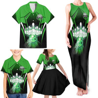 Bowling Team Design Family Matching Tank Maxi Dress and Hawaiian Shirt Green Strike Graphic and Custom Name Shield Accent - Wonder Print Shop