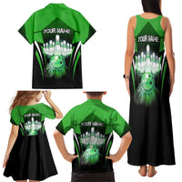 Bowling Team Design Family Matching Tank Maxi Dress and Hawaiian Shirt Green Strike Graphic and Custom Name Shield Accent - Wonder Print Shop