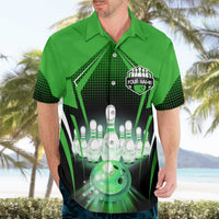 Bowling Team Design Hawaiian Shirt Green Strike Graphic and Custom Name Shield Accent - Wonder Print Shop