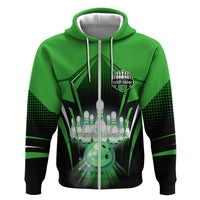 Bowling Team Design Hoodie Green Strike Graphic and Custom Name Shield Accent - Wonder Print Shop
