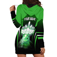 Bowling Team Design Hoodie Dress Green Strike Graphic and Custom Name Shield Accent - Wonder Print Shop