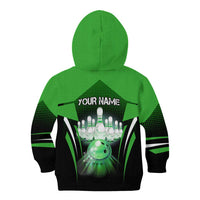 Bowling Team Design Kid Hoodie Green Strike Graphic and Custom Name Shield Accent - Wonder Print Shop
