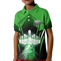 Bowling Team Design Kid Polo Shirt Green Strike Graphic and Custom Name Shield Accent - Wonder Print Shop