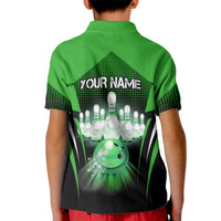 Bowling Team Design Kid Polo Shirt Green Strike Graphic and Custom Name Shield Accent - Wonder Print Shop