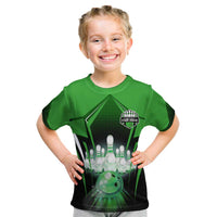 Bowling Team Design Kid T Shirt Green Strike Graphic and Custom Name Shield Accent - Wonder Print Shop