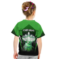 Bowling Team Design Kid T Shirt Green Strike Graphic and Custom Name Shield Accent - Wonder Print Shop