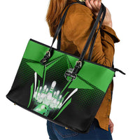 Bowling Team Design Leather Tote Bag Green Strike Graphic and Custom Name Shield Accent - Wonder Print Shop