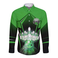 Bowling Team Design Long Sleeve Button Shirt Green Strike Graphic and Custom Name Shield Accent - Wonder Print Shop