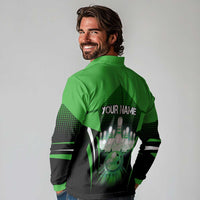 Bowling Team Design Long Sleeve Polo Shirt Green Strike Graphic and Custom Name Shield Accent - Wonder Print Shop