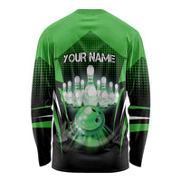 Bowling Team Design Long Sleeve Shirt Green Strike Graphic and Custom Name Shield Accent - Wonder Print Shop