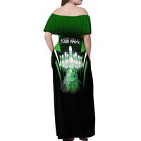 Bowling Team Design Off Shoulder Maxi Dress Green Strike Graphic and Custom Name Shield Accent - Wonder Print Shop