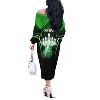 Bowling Team Design Off The Shoulder Long Sleeve Dress Green Strike Graphic and Custom Name Shield Accent - Wonder Print Shop