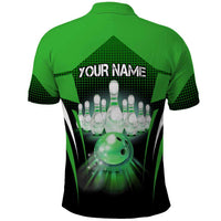 Bowling Team Design Polo Shirt Green Strike Graphic and Custom Name Shield Accent - Wonder Print Shop