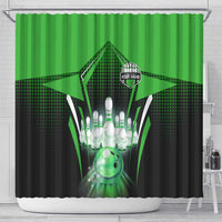 Bowling Team Design Shower Curtain Green Strike Graphic and Custom Name Shield Accent - Wonder Print Shop